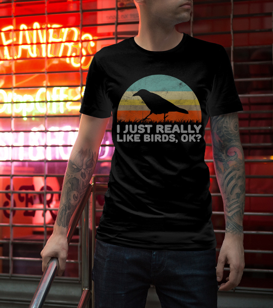 I Just Really Like Birds OK Retro Sunset Bird T-Shirt