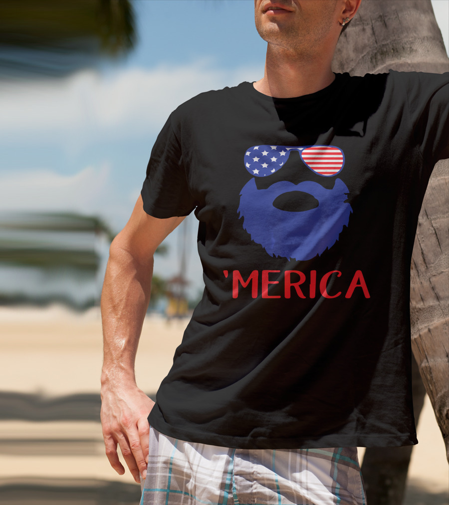 'Merica Beard With American Flag Sunglasses T-Shirt