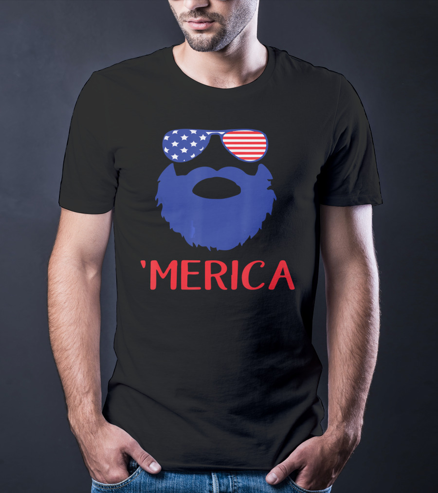 'Merica Beard With American Flag Sunglasses T-Shirt