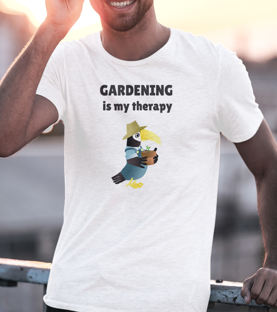 Gardening Is My Therapy Toucan In Hat Holding Plant T-Shirt