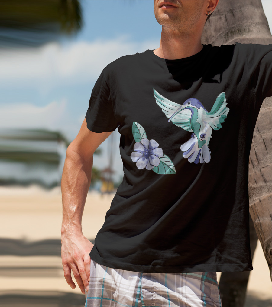 Green And Blue Hummingbird With White And Blue Flower T-Shirt