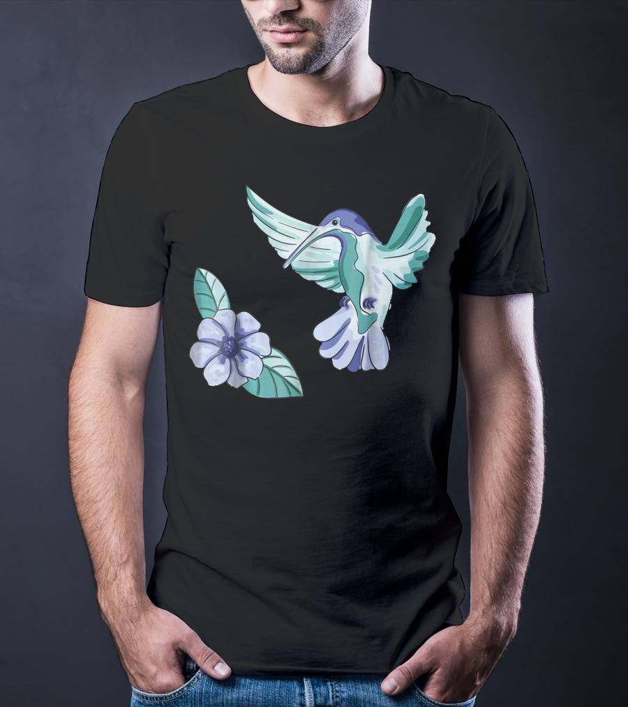 Green And Blue Hummingbird With White And Blue Flower T-Shirt