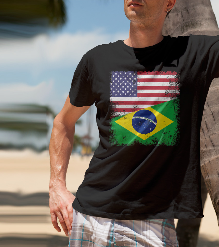 Vintage Half Brazilian Half American Flag Brazil U T-Shirt