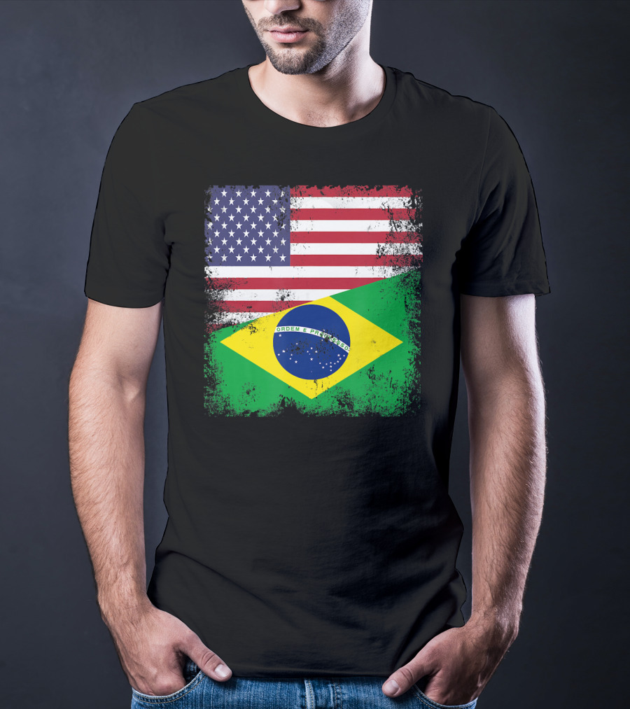Vintage Half Brazilian Half American Flag Brazil U T-Shirt