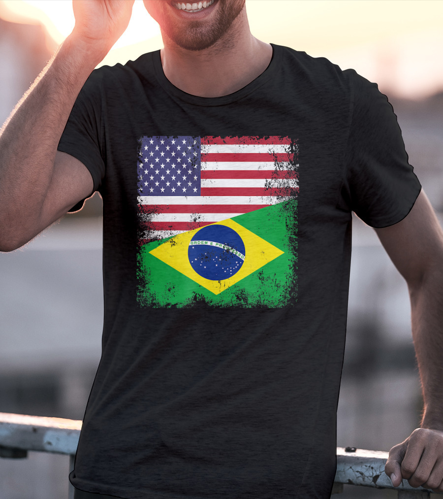 Vintage Half Brazilian Half American Flag Brazil U T-Shirt