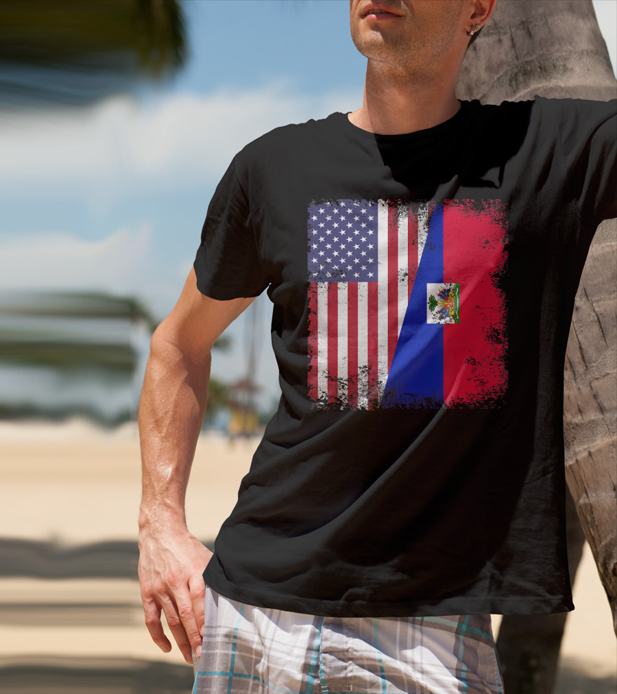 Half Haitian Flag Vintage Haiti U USA Grunge Style Flag Fusion T-Shirt