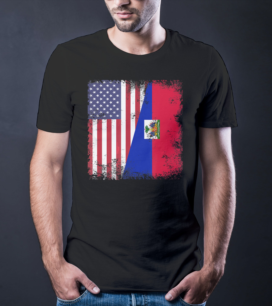 Half Haitian Flag Vintage Haiti U USA Grunge Style Flag Fusion T-Shirt