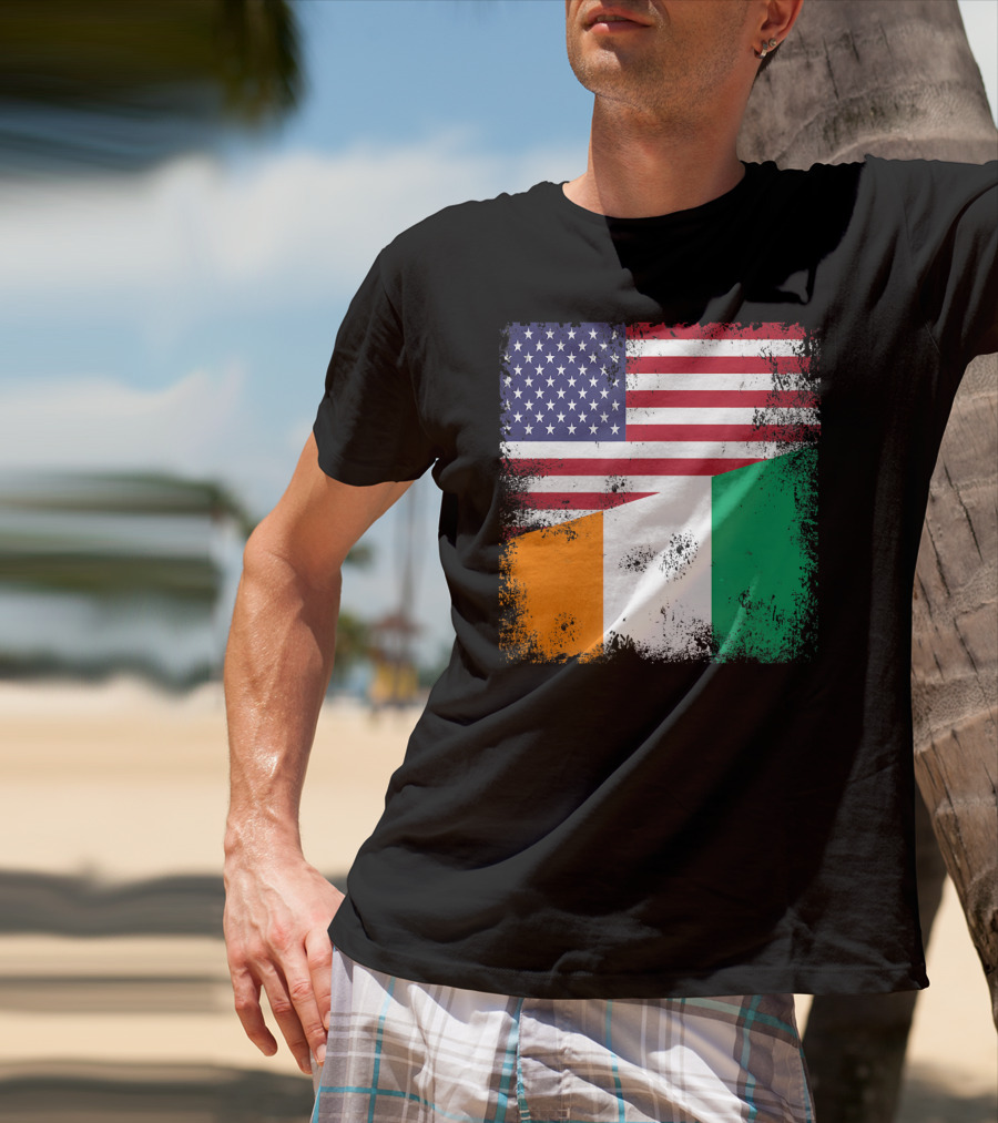 Half Ivorian Flag Vintage Cote D'I With Distressed USA Flag T-Shirt
