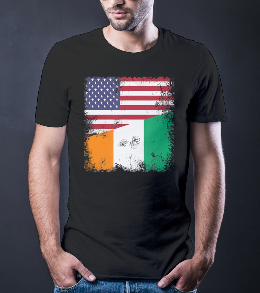 Half Ivorian Flag Vintage Cote D'I With Distressed USA Flag T-Shirt