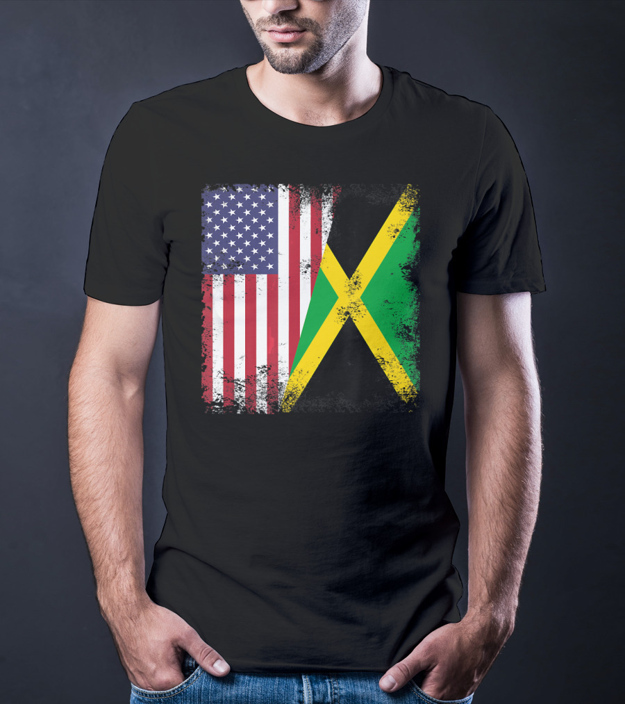 Half Jamaican Flag Vintage Jamaica U.S.A. Flag Overlay T-Shirt