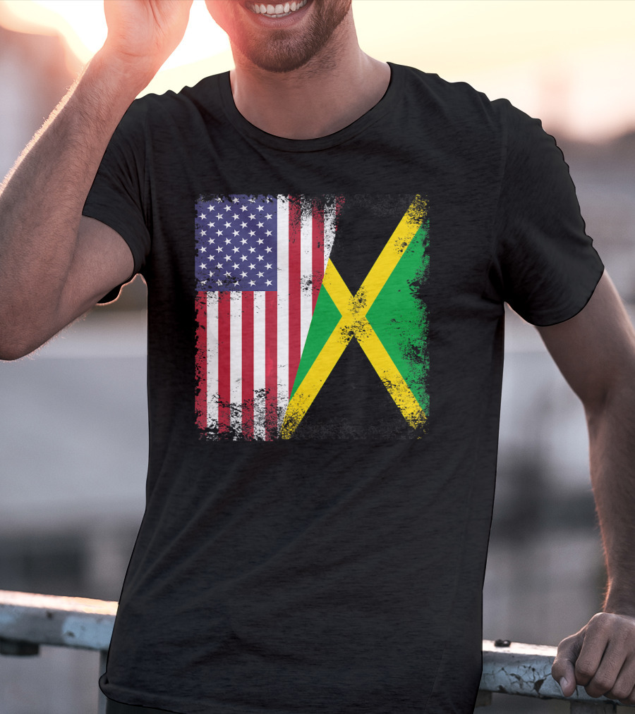 Half Jamaican Flag Vintage Jamaica U.S.A. Flag Overlay T-Shirt