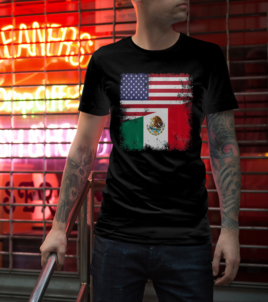 Half Mexican Flag Vintage Mexico U.S. American Flag Dual Heritage T-Shirt