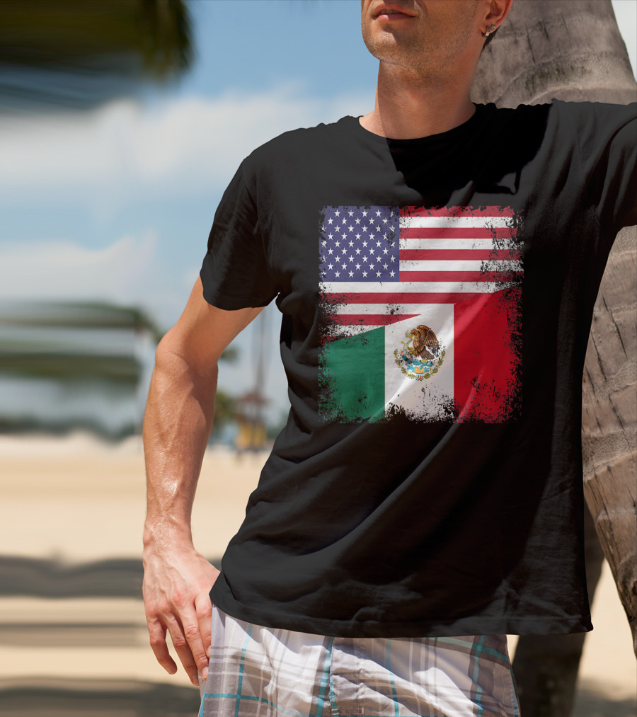 Half Mexican Flag Vintage Mexico U.S. American Flag Dual Heritage T-Shirt