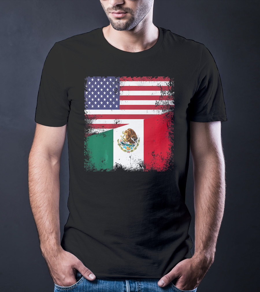 Half Mexican Flag Vintage Mexico U.S. American Flag Dual Heritage T-Shirt