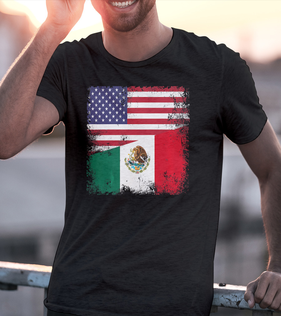 Half Mexican Flag Vintage Mexico U.S. American Flag Dual Heritage T-Shirt