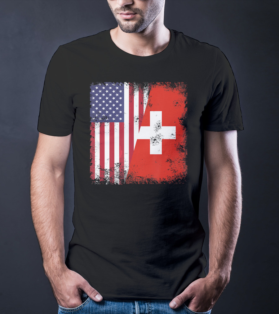 Half Swiss Flag Vintage American Swiss Flag T-Shirt
