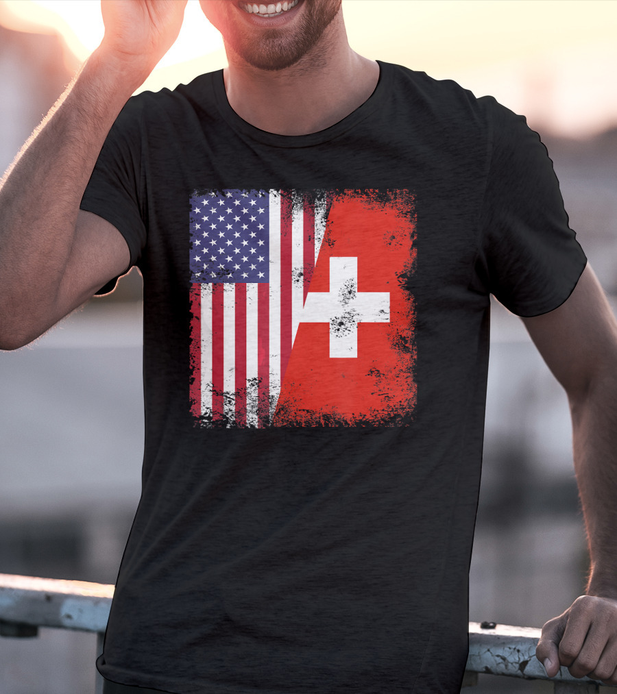 Half Swiss Flag Vintage American Swiss Flag T-Shirt