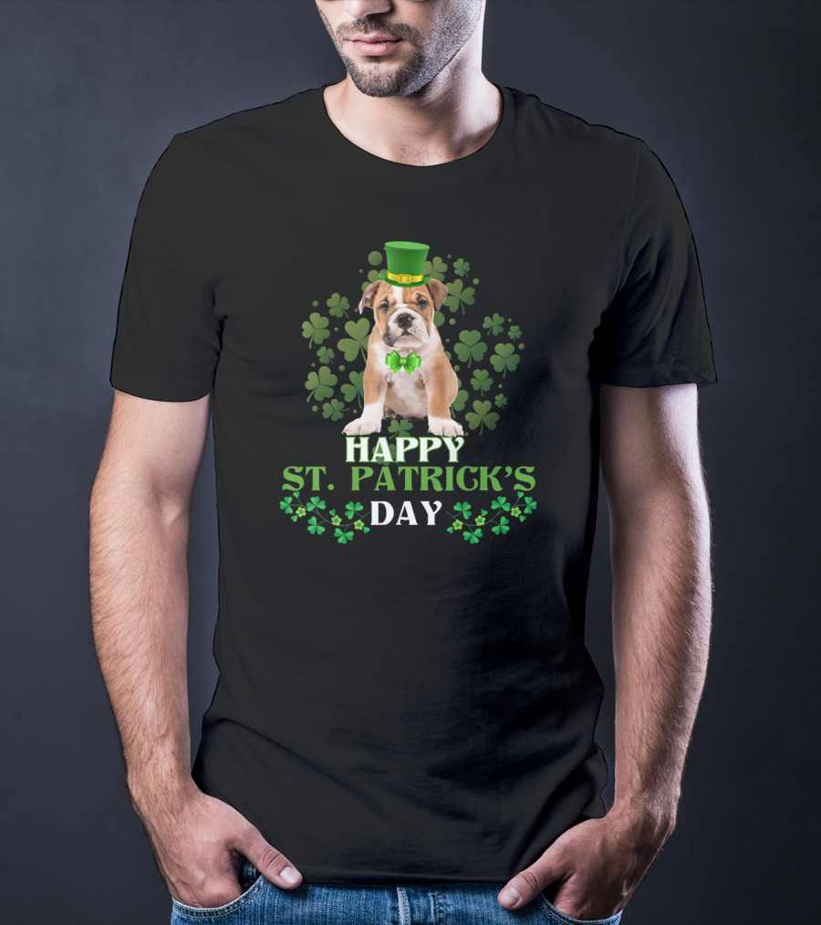 Happy St Patrick's Day Leprechaun Bulldog Green Hat Shamrock T-Shirt