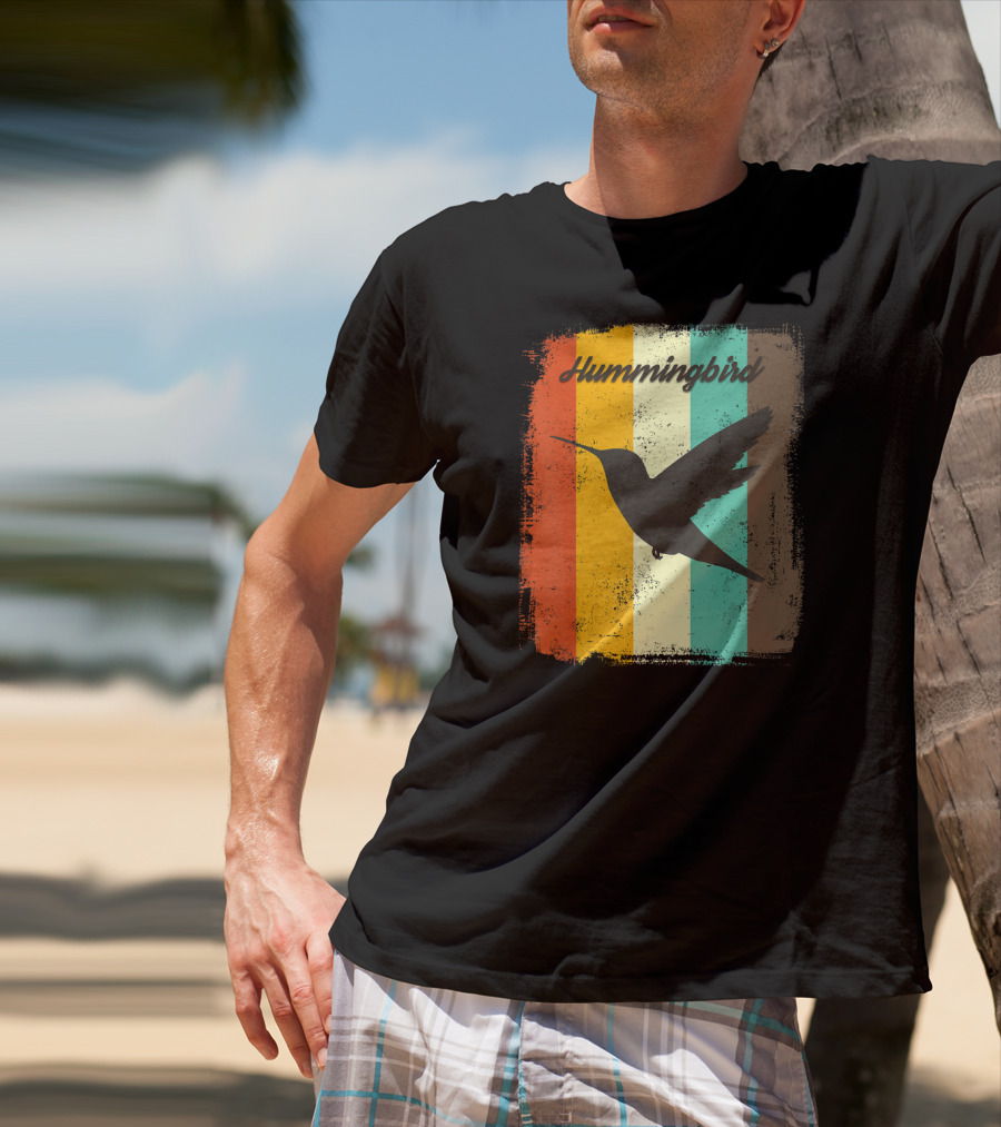 70s Vintage Hummingbird Silhouette Retro Stripes T-Shirt