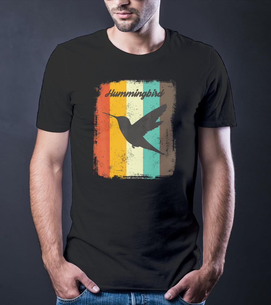 70s Vintage Hummingbird Silhouette Retro Stripes T-Shirt