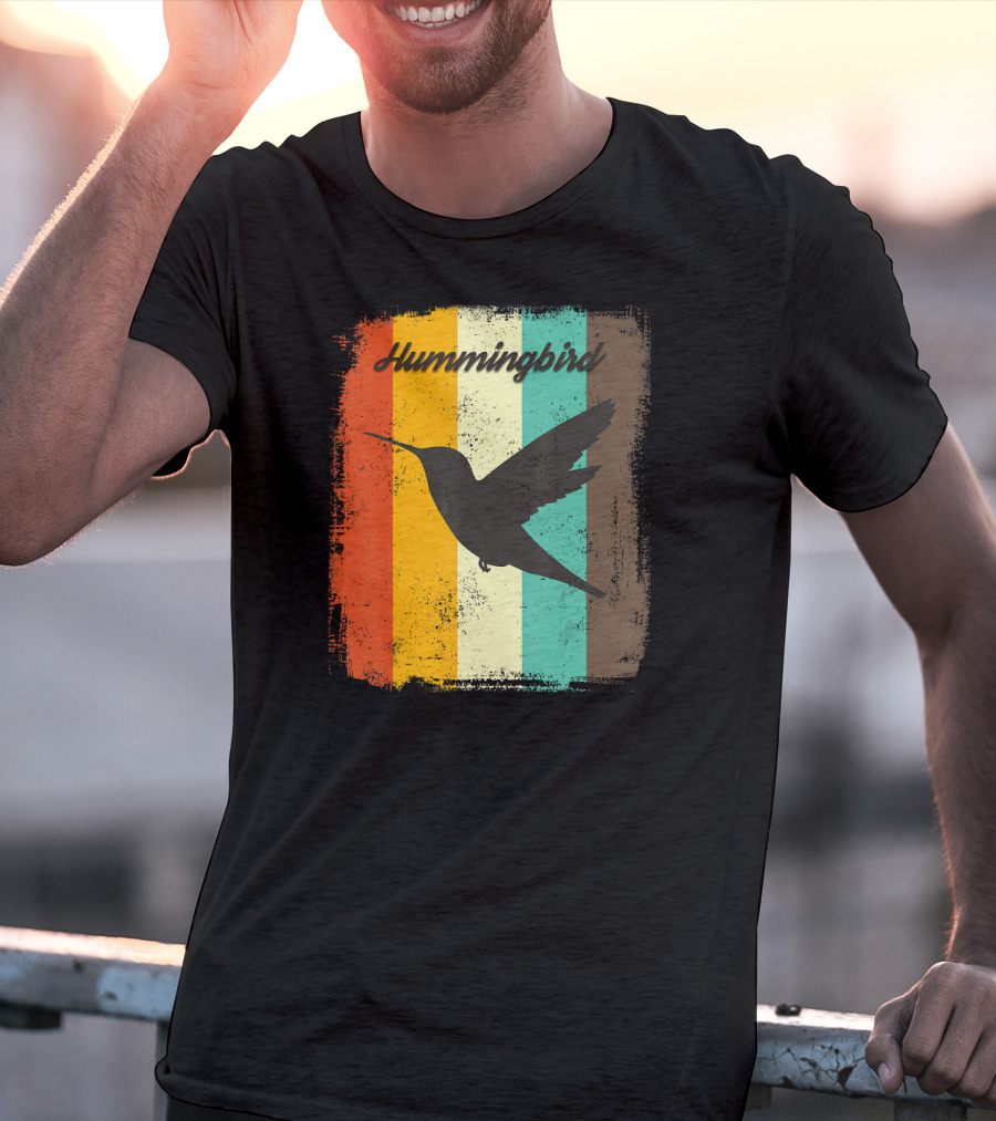 70s Vintage Hummingbird Silhouette Retro Stripes T-Shirt