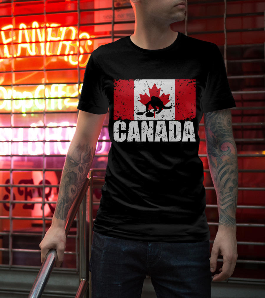 Canadian Flag Curling Silhouette Against Distressed Flag Design With Bold Canada Lettering T-Shirt