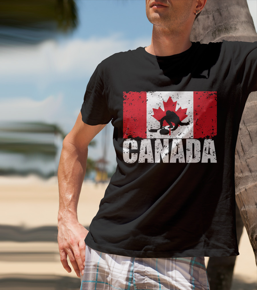 Canadian Flag Curling Silhouette Against Distressed Flag Design With Bold Canada Lettering T-Shirt