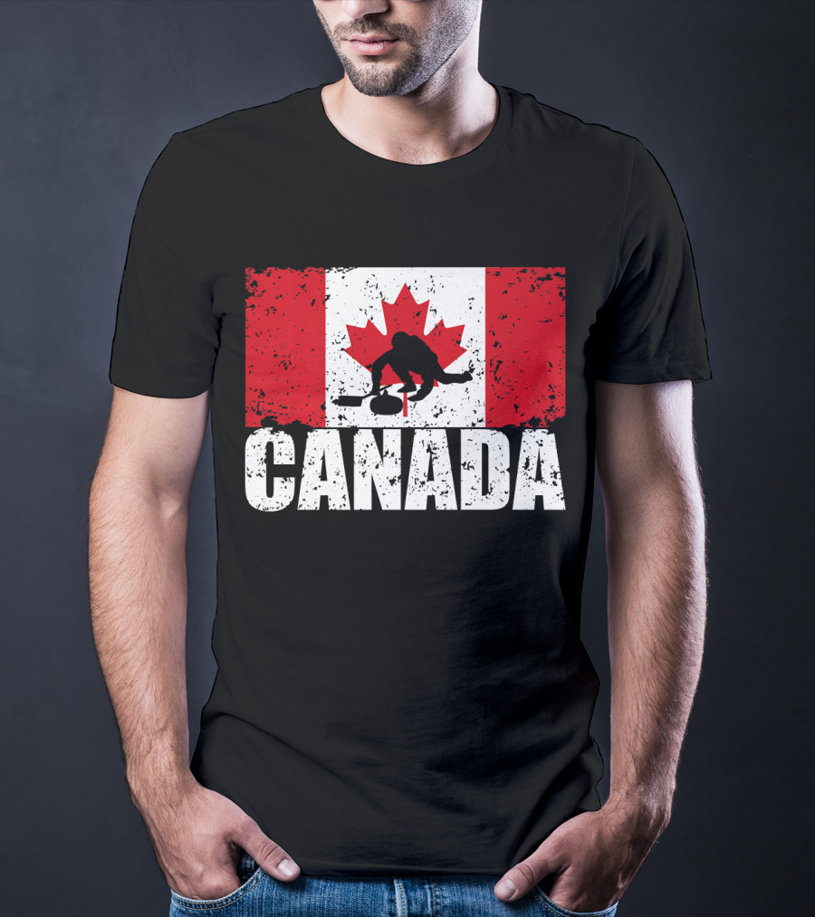 Canadian Flag Curling Silhouette Against Distressed Flag Design With Bold Canada Lettering T-Shirt
