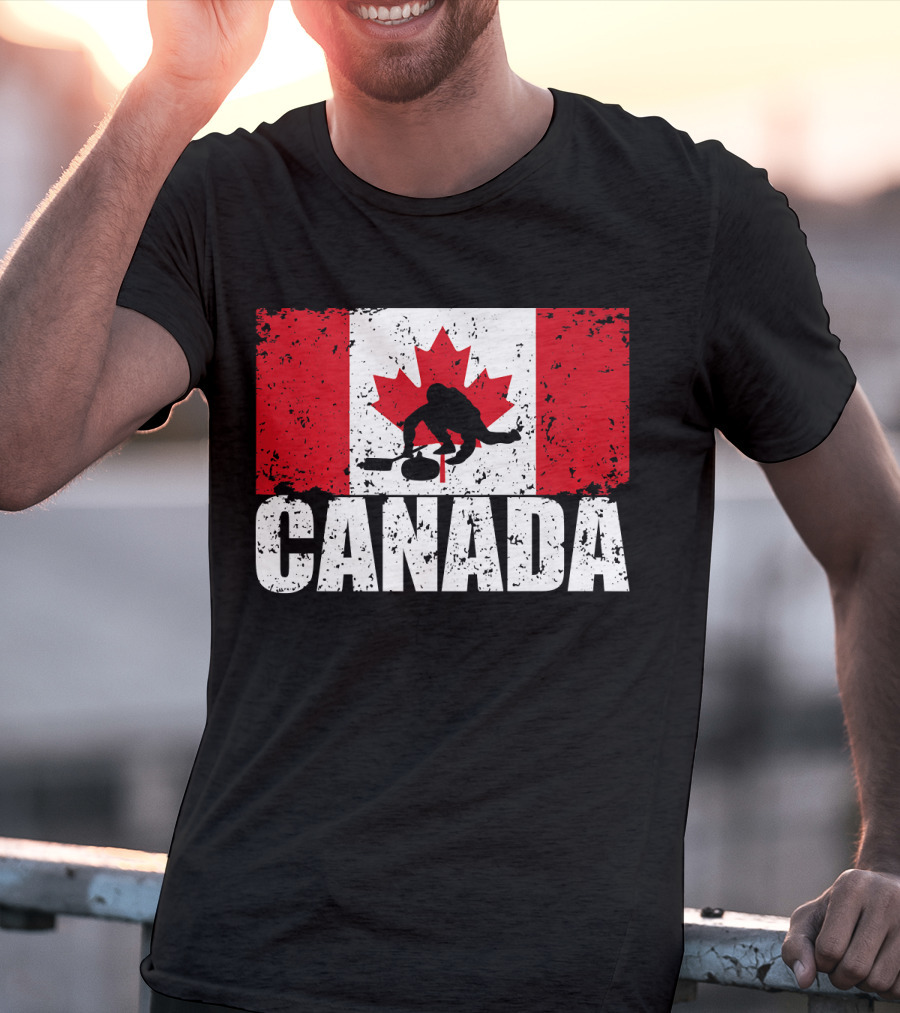 Canadian Flag Curling Silhouette Against Distressed Flag Design With Bold Canada Lettering T-Shirt