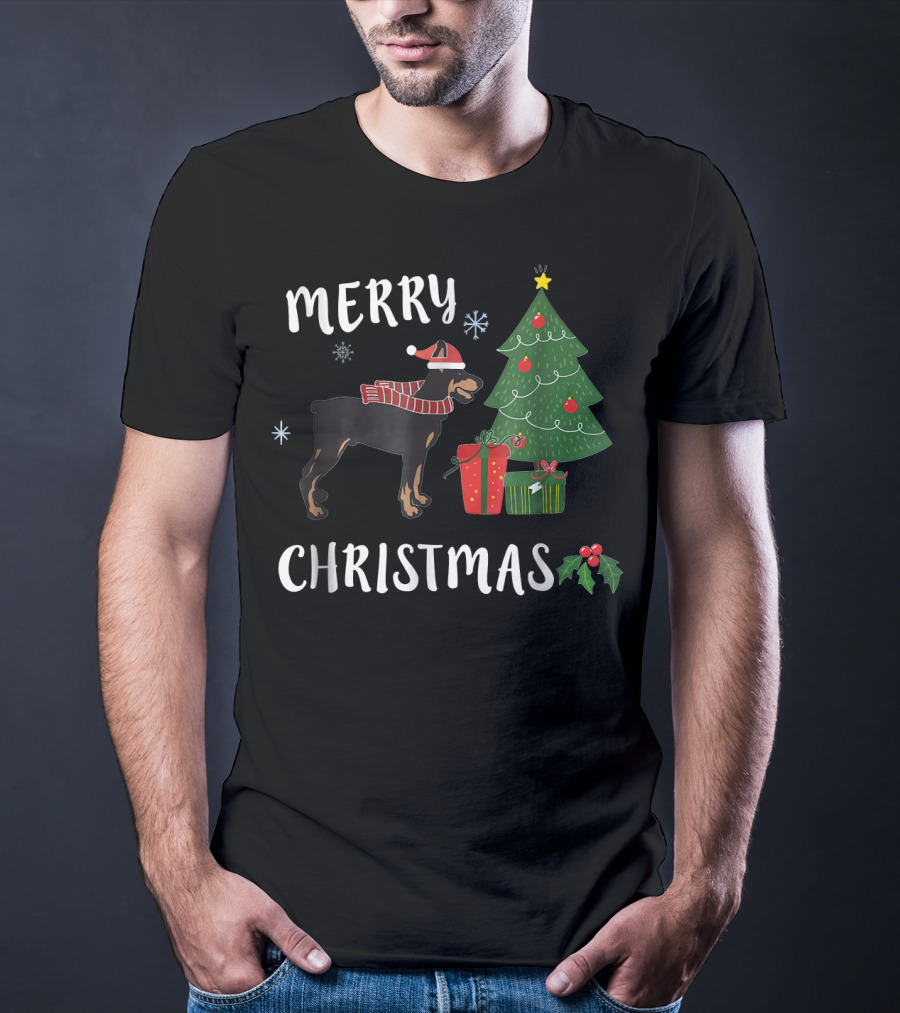 Merry Christmas Doberman With Santa Hat And Christmas Tree T-Shirt