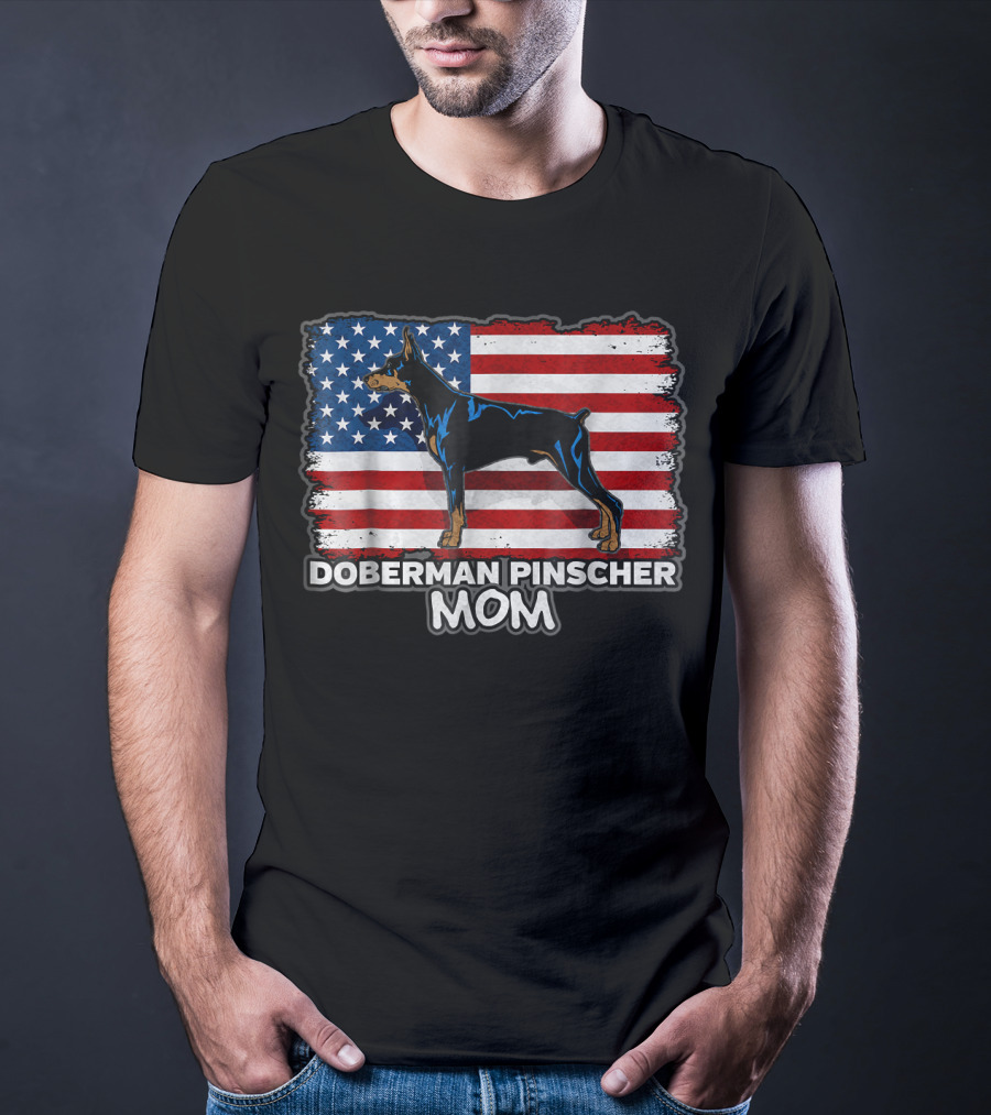 Doberman Pinscher Mom American Flag Background T-Shirt