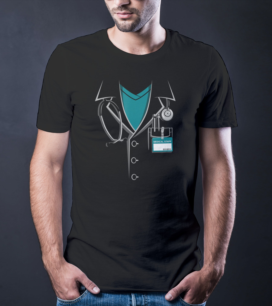 Medical Staff Doctor White Lab Coat With Stethoscope And ID Badge T-Shirt