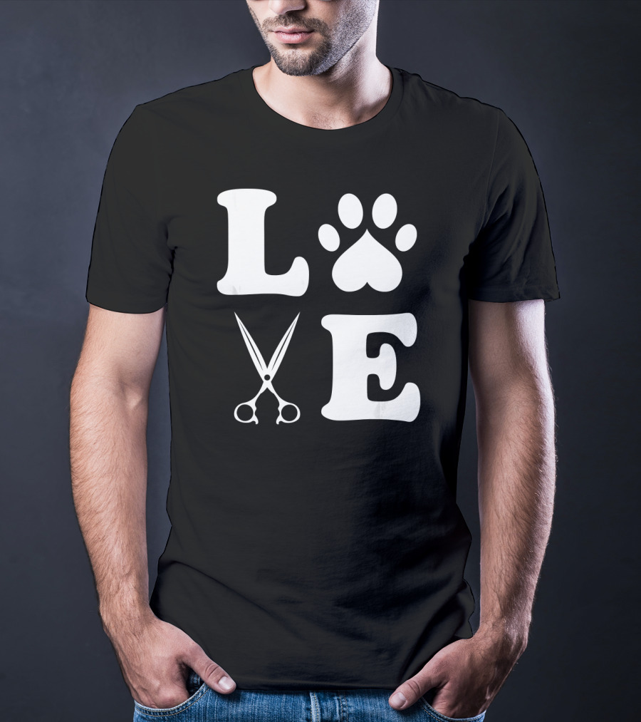 LOVE Dog Grooming With Scissors And Paw Prints T-Shirt