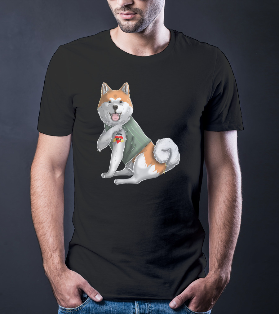 Akita Inu I Love Mom Tattoo Dog With Heart Tattoo Wearing Vest T-Shirt