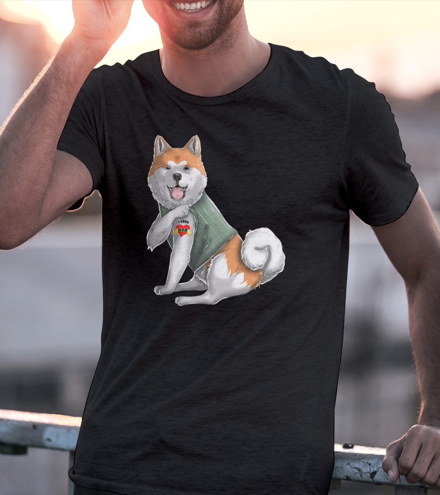 Akita Inu I Love Mom Tattoo Dog With Heart Tattoo Wearing Vest T-Shirt