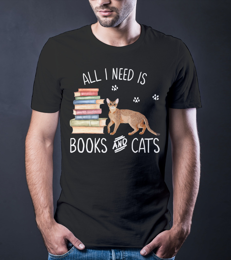 All I Need Is Books And Cats With Stack Of Colorful Books And Cat Paws T-Shirt