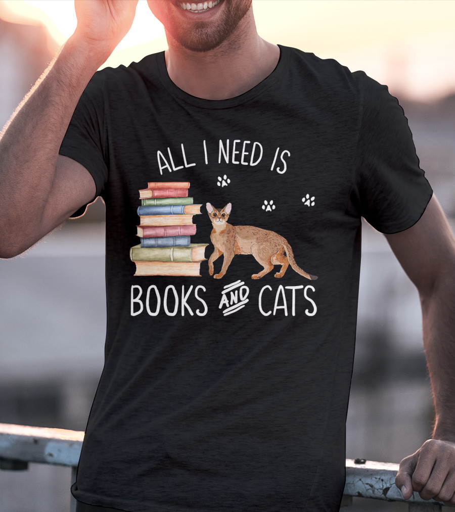 All I Need Is Books And Cats With Stack Of Colorful Books And Cat Paws T-Shirt