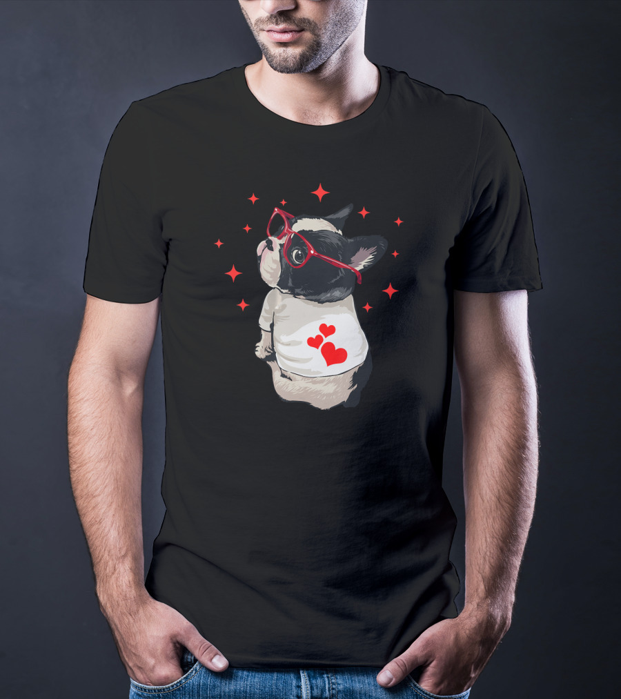 American Boston Terrier Red Glasses Hearts Stars T-Shirt