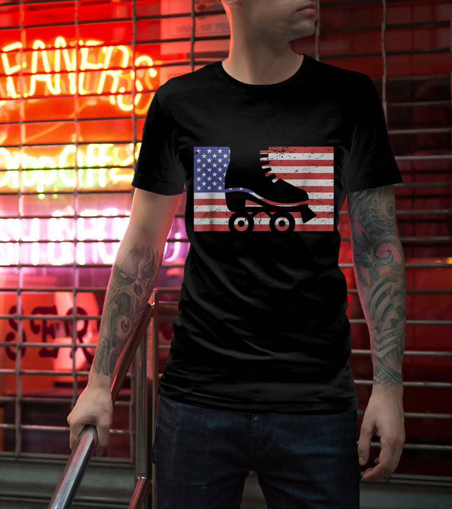 American Flag With Roller Skate T-Shirt