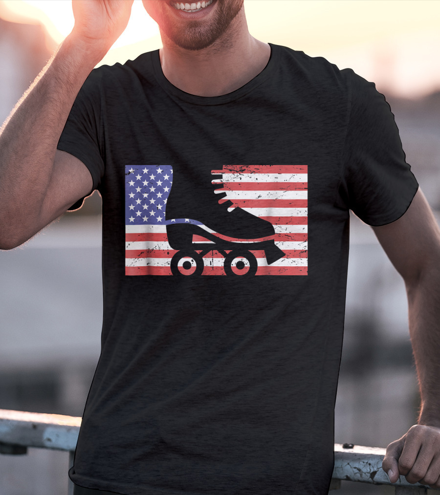 American Flag With Roller Skate T-Shirt