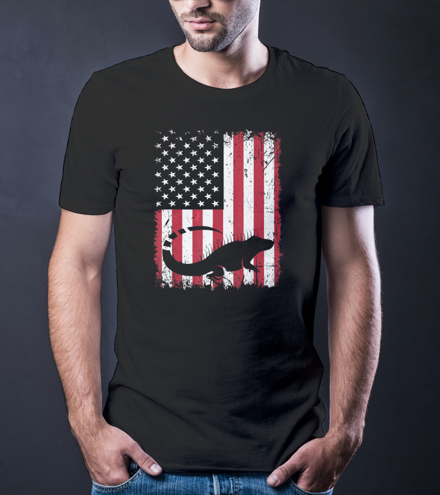 American Flag Iguana Silhouette On Distressed Stars And Stripes Background T-Shirt