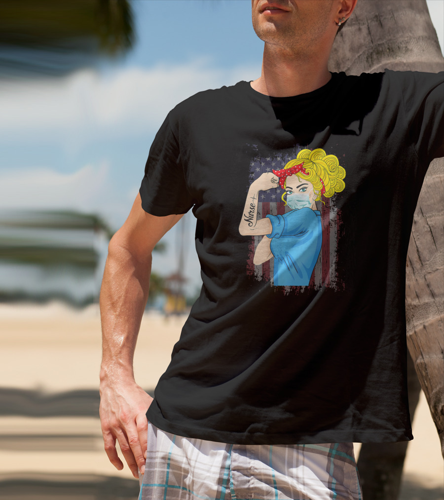 American Flag Nurse Strong Woman Tattoo Rosie Riveter T-Shirt