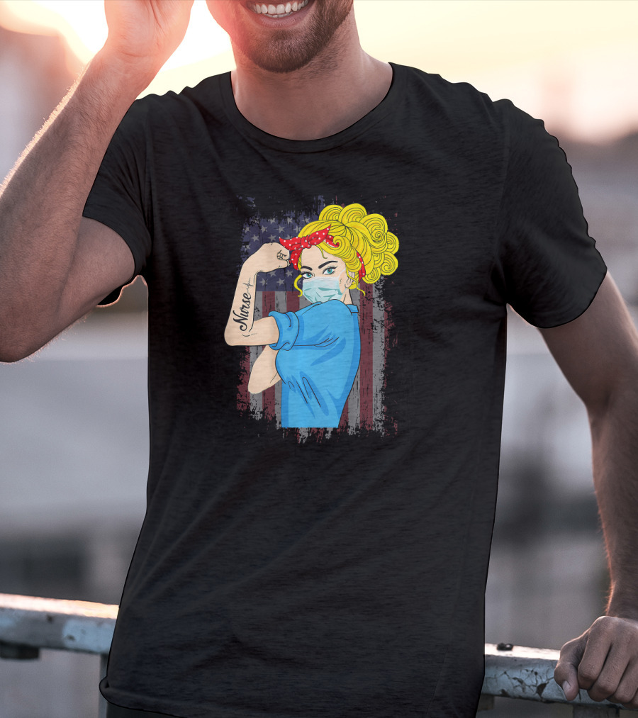 American Flag Nurse Strong Woman Tattoo Rosie Riveter T-Shirt