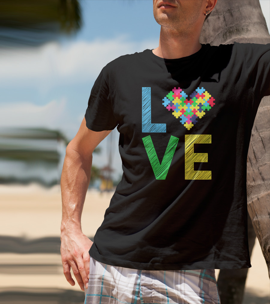 Autism Awareness Love Puzzle Heart Colorful Letters T-Shirt
