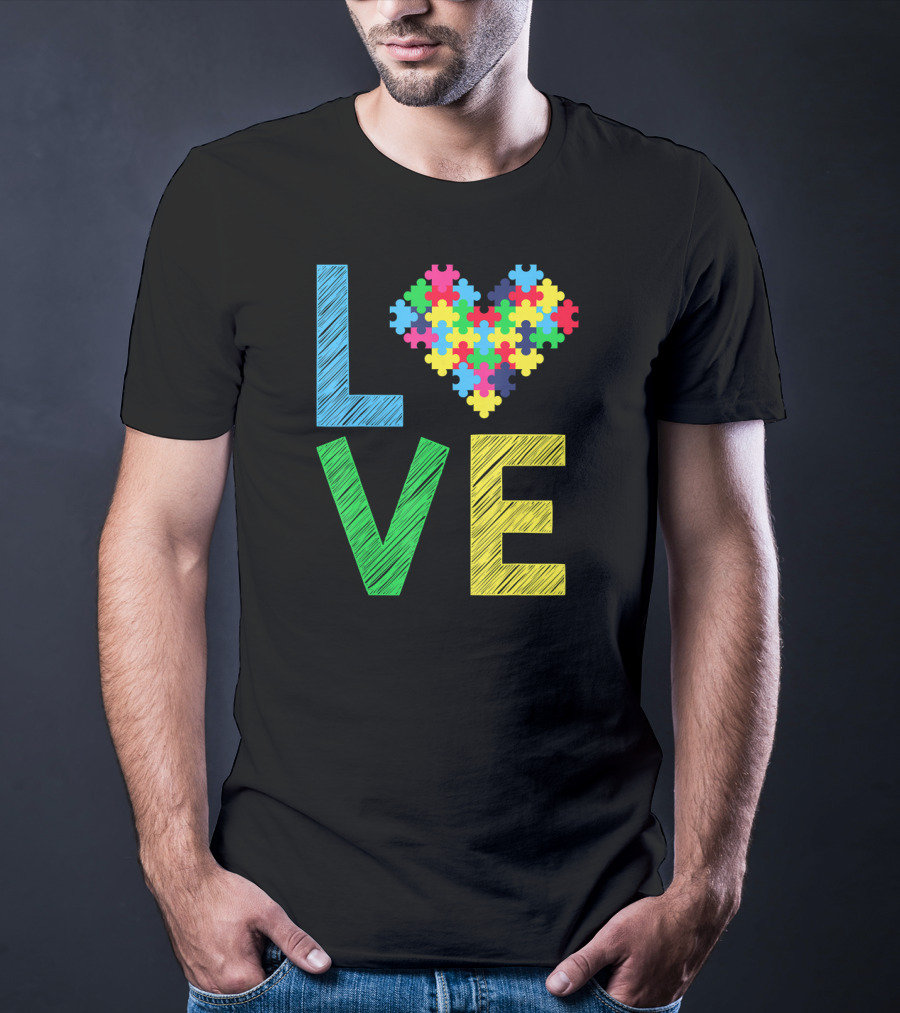 Autism Awareness Love Puzzle Heart Colorful Letters T-Shirt