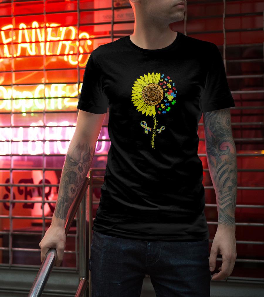 Autism Awareness Puzzle Ribbon Sunflower T-Shirt