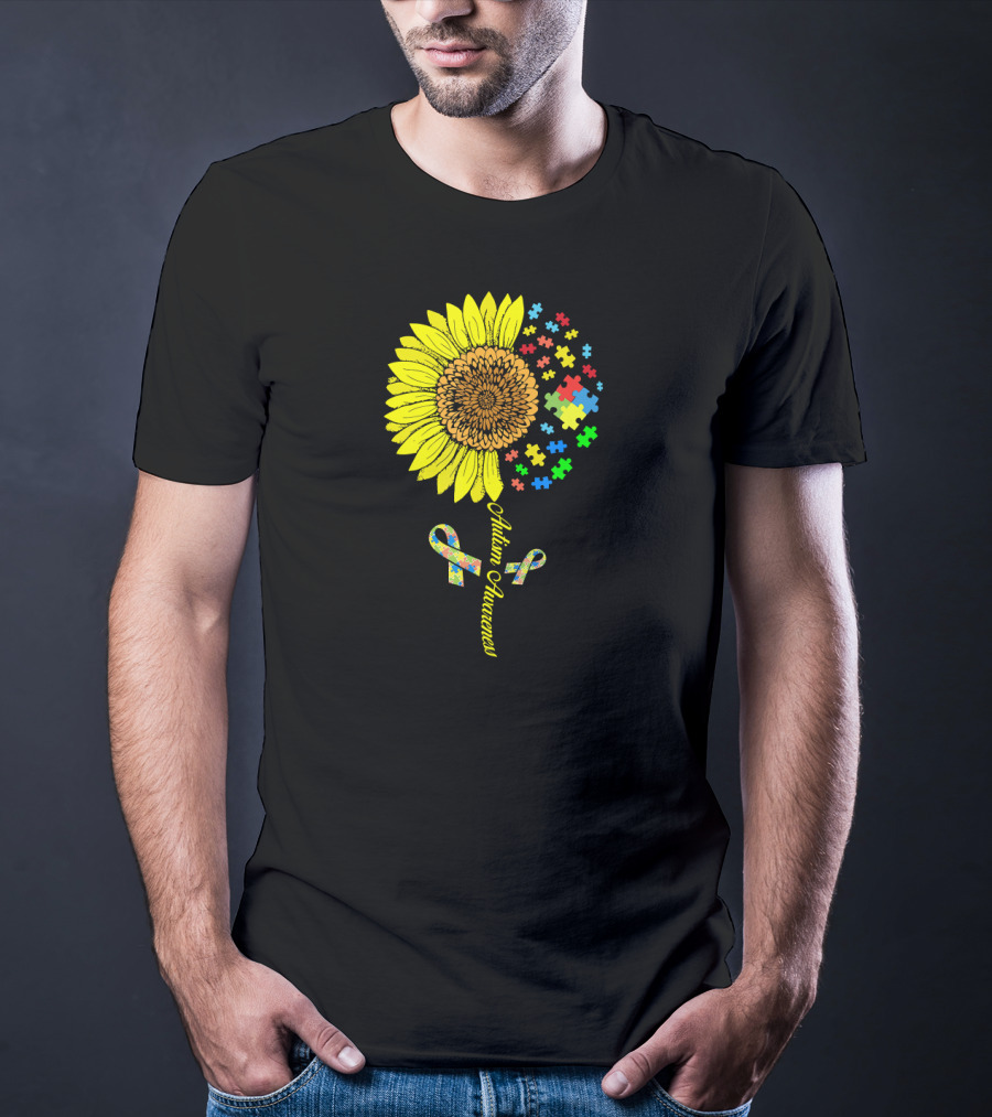 Autism Awareness Puzzle Ribbon Sunflower T-Shirt