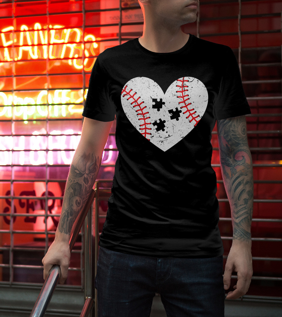 Baseball Heart Autism Puzzle Love T-Shirt