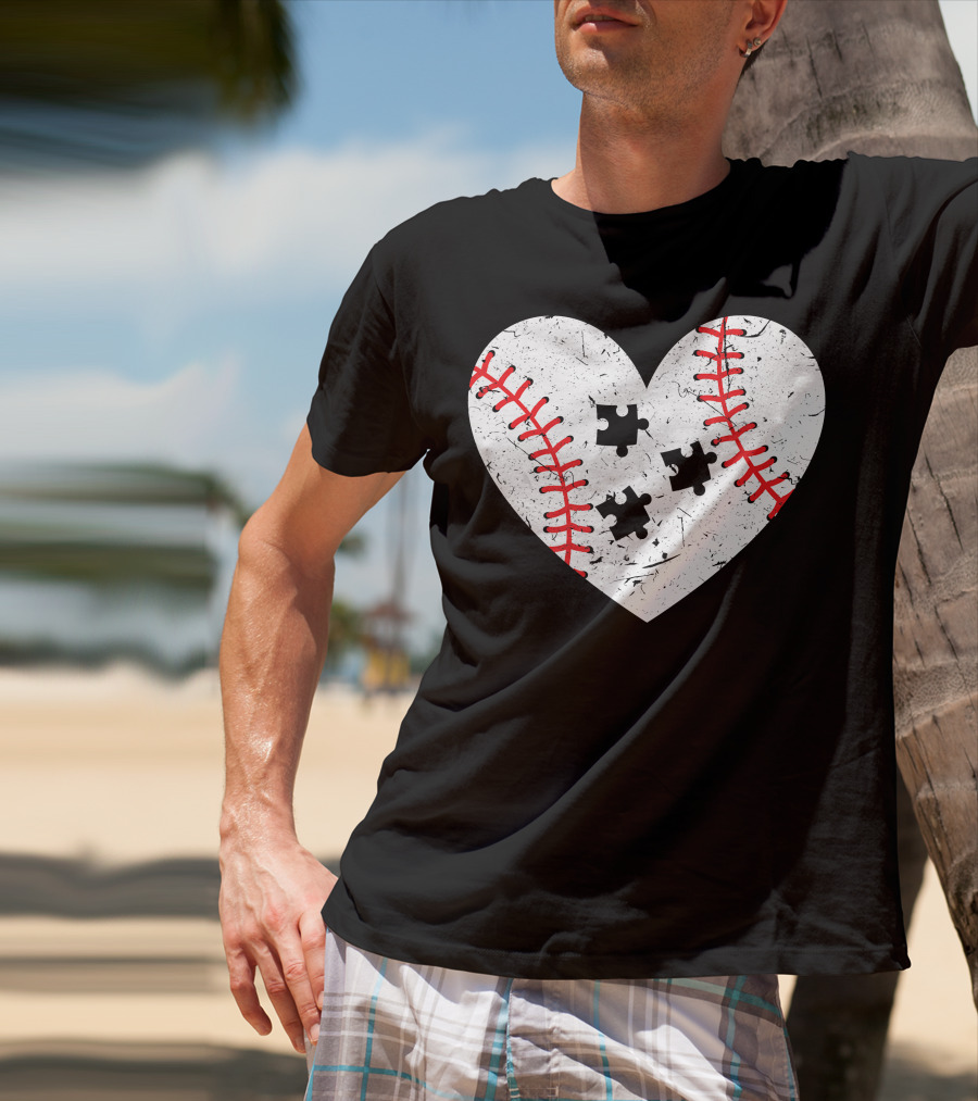 Baseball Heart Autism Puzzle Love T-Shirt