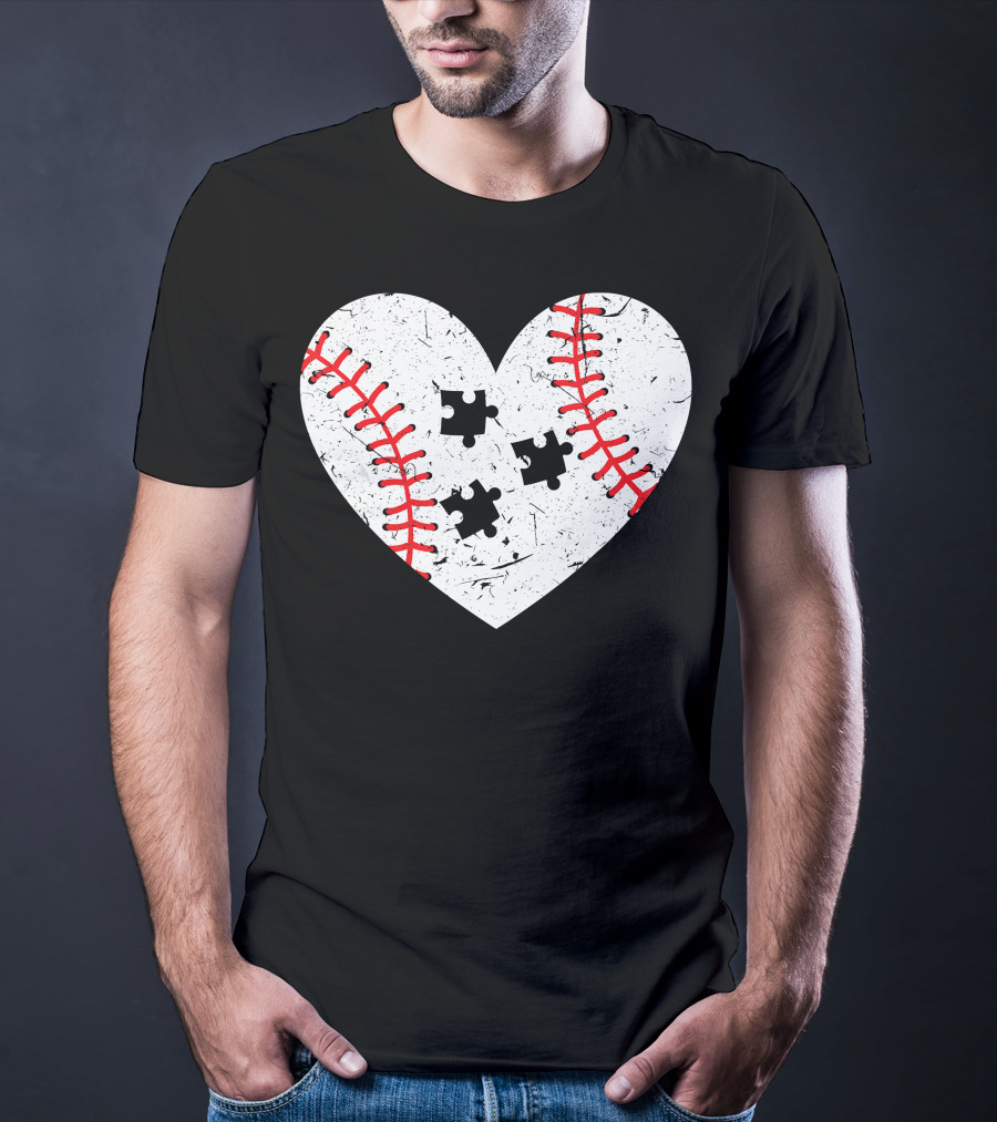 Baseball Heart Autism Puzzle Love T-Shirt